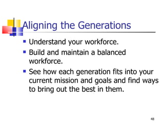 Aligning the Generations Understand your workforce. Build and maintain a balanced workforce. See how each generation fits into your current mission and goals and find ways to bring out the best in them. 