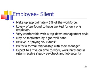 Employee- Silent <ul><li>Make up approximately 5% of the workforce. </li></ul><ul><li>Loyal– often found to have worked fo...