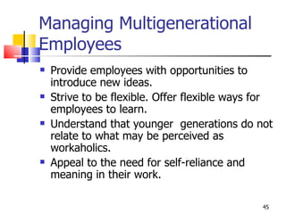 Managing Multigenerational Employees <ul><li>Provide employees with opportunities to introduce new ideas. </li></ul><ul><l...