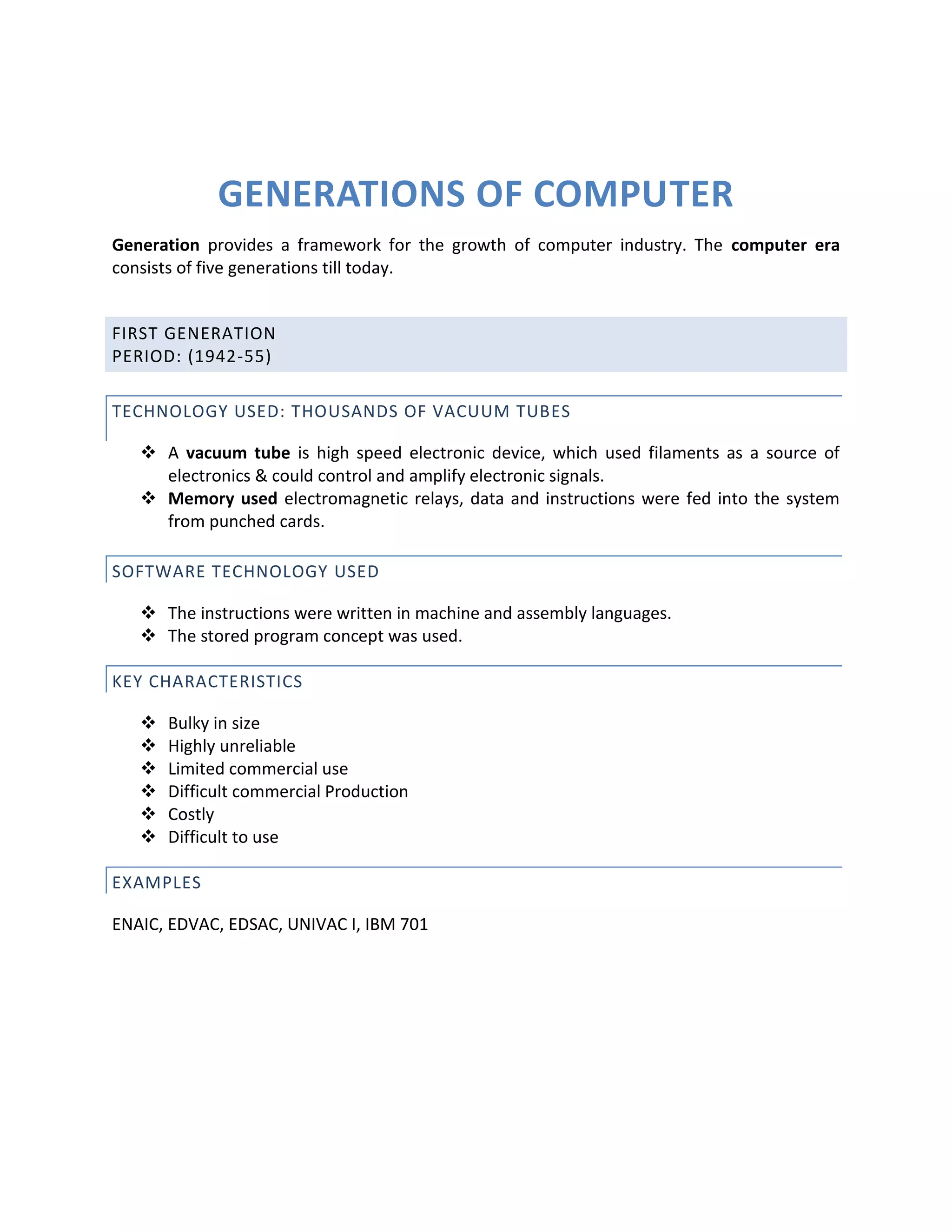 GENERATIONS OF COMPUTER<br />Generation provides a framework for the growth of computer industry. The computer era consists of five generations till today.<br />FIRST GENERATION<br />Period: (1942-55)<br />Technology Used: Thousands of vacuum tubes<br />A vacuum tube is high speed electronic device, which used filaments as a source of electronics & could control and amplify electronic signals.