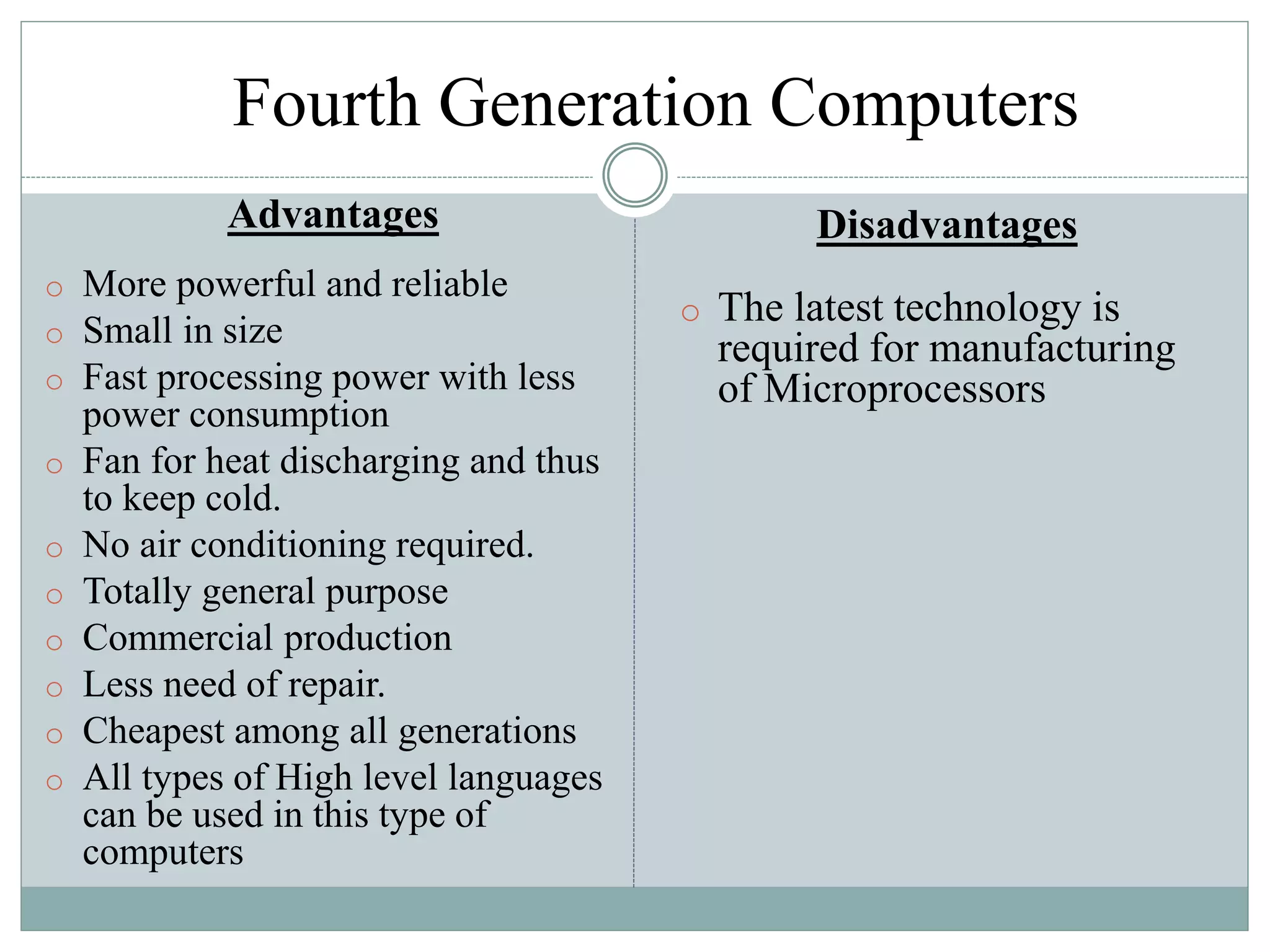 Fourth Generation Computers
Advantages
o More powerful and reliable
o Small in size
o Fast processing power with less
power consumption
o Fan for heat discharging and thus
to keep cold.
o No air conditioning required.
o Totally general purpose
o Commercial production
o Less need of repair.
o Cheapest among all generations
o All types of High level languages
can be used in this type of
computers
Disadvantages
o The latest technology is
required for manufacturing
of Microprocessors
 