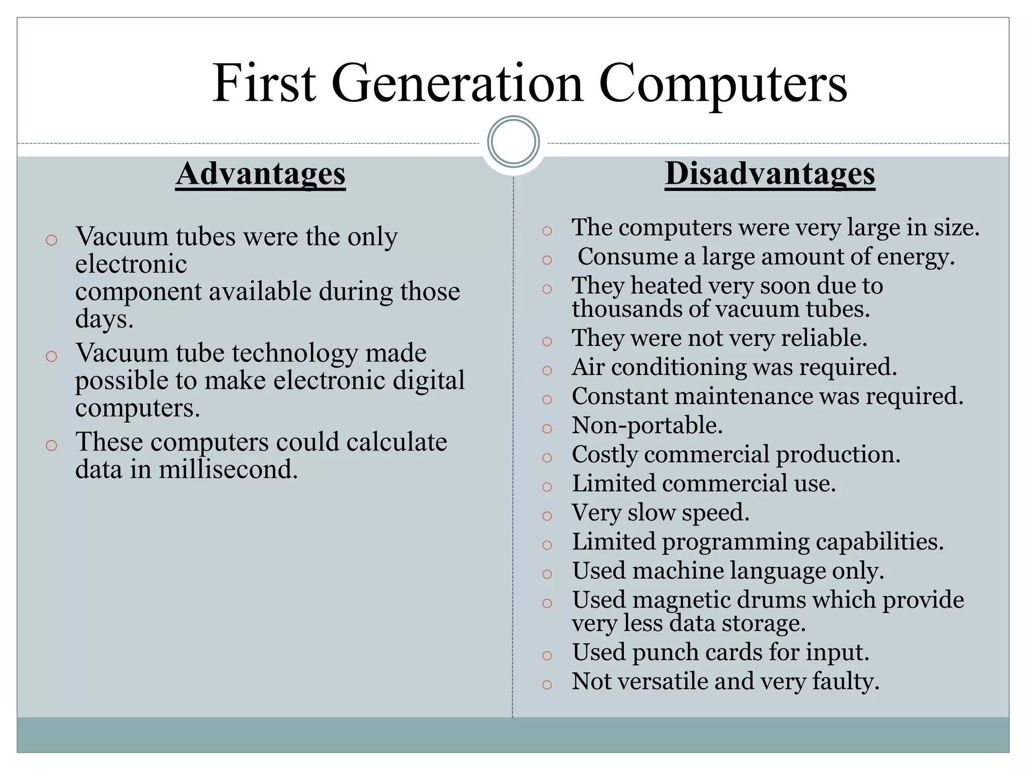 First Generation Computers
Advantages
o Vacuum tubes were the only
electronic
component available during those
days.
o Vacuum tube technology made
possible to make electronic digital
computers.
o These computers could calculate
data in millisecond.
Disadvantages
o The computers were very large in size.
o Consume a large amount of energy.
o They heated very soon due to
thousands of vacuum tubes.
o They were not very reliable.
o Air conditioning was required.
o Constant maintenance was required.
o Non-portable.
o Costly commercial production.
o Limited commercial use.
o Very slow speed.
o Limited programming capabilities.
o Used machine language only.
o Used magnetic drums which provide
very less data storage.
o Used punch cards for input.
o Not versatile and very faulty.
 