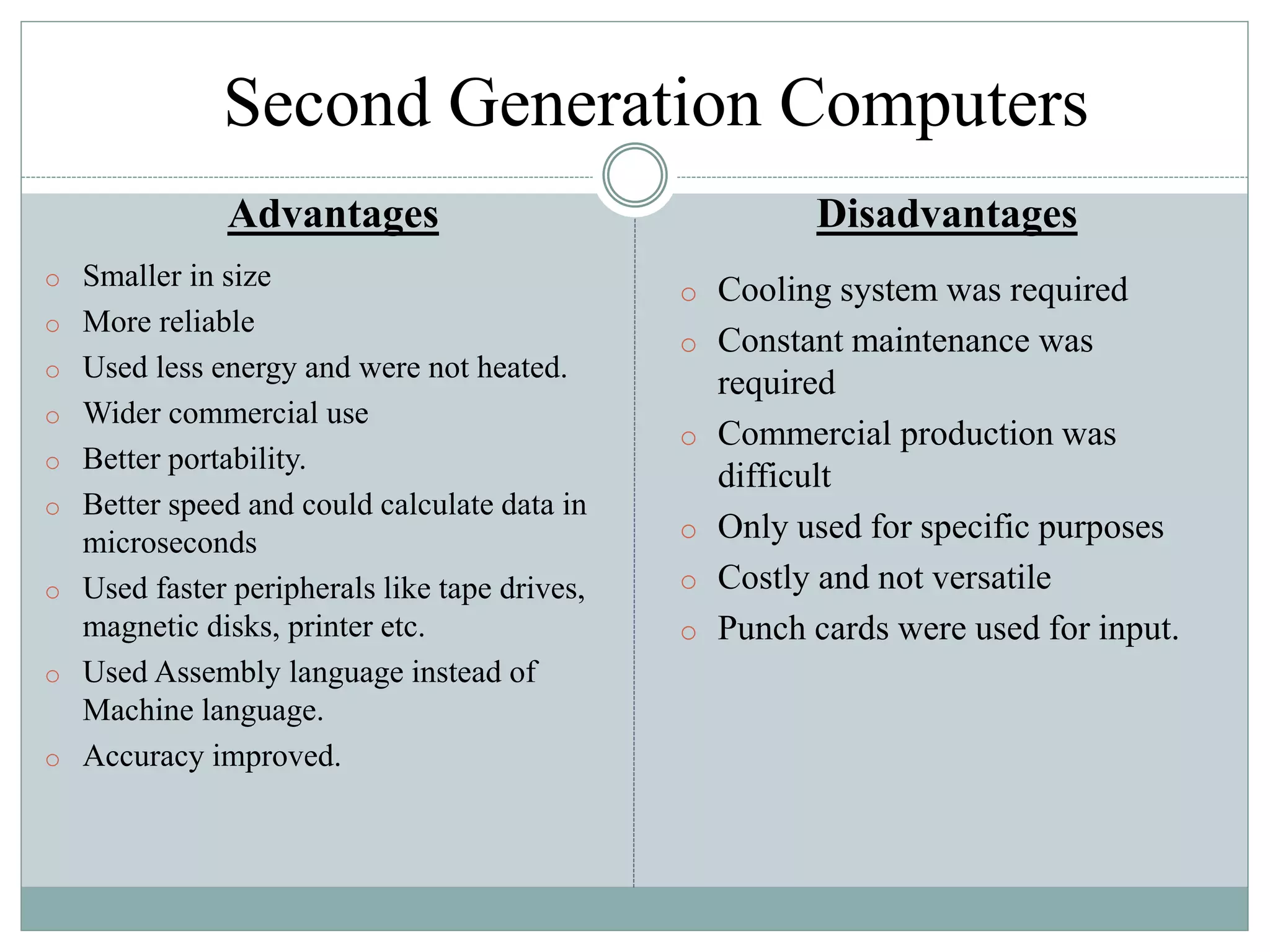 Second Generation Computers
Advantages
o Smaller in size
o More reliable
o Used less energy and were not heated.
o Wider commercial use
o Better portability.
o Better speed and could calculate data in
microseconds
o Used faster peripherals like tape drives,
magnetic disks, printer etc.
o Used Assembly language instead of
Machine language.
o Accuracy improved.
Disadvantages
o Cooling system was required
o Constant maintenance was
required
o Commercial production was
difficult
o Only used for specific purposes
o Costly and not versatile
o Punch cards were used for input.
 