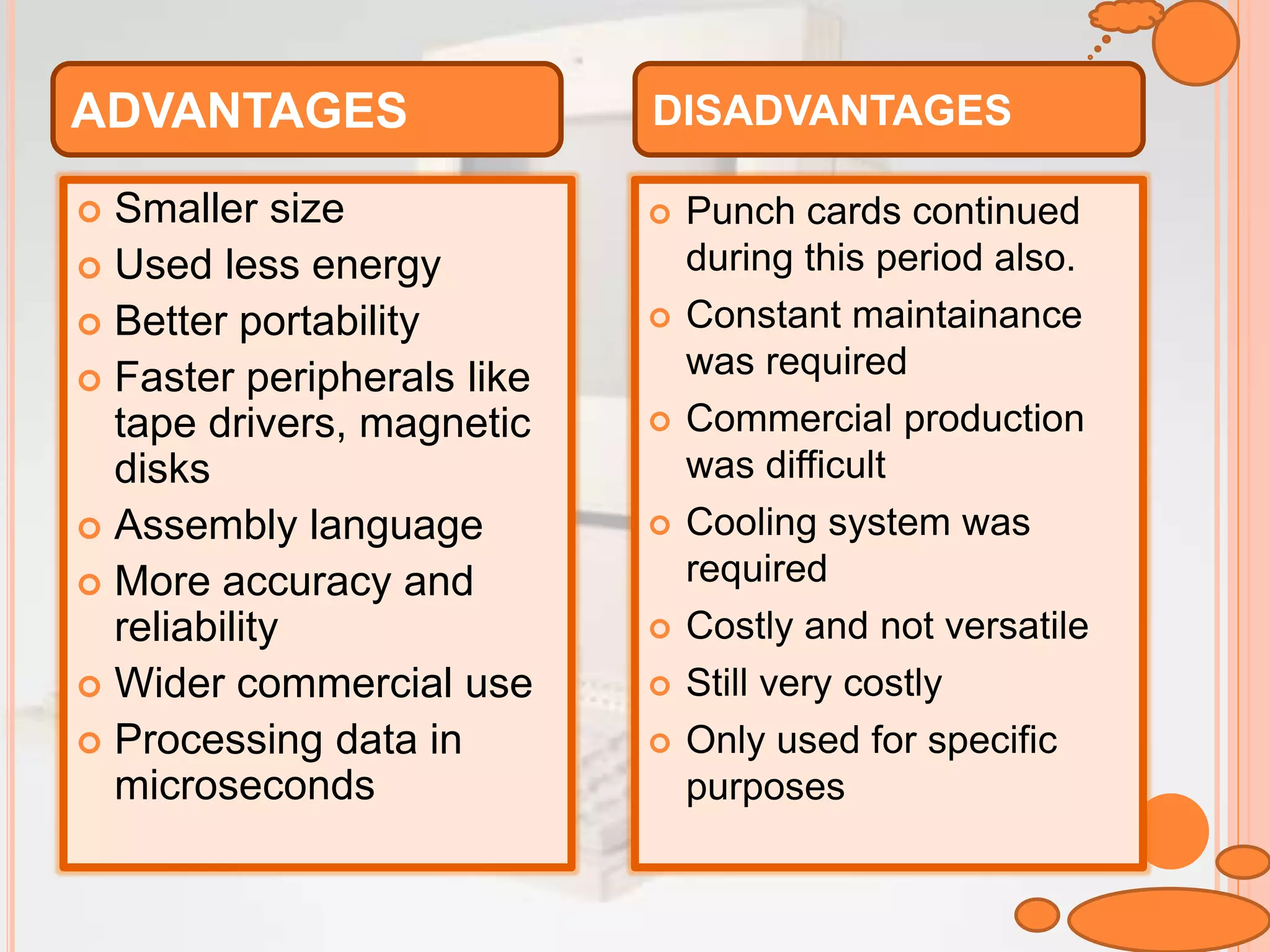  Smaller size
 Used less energy
 Better portability
 Faster peripherals like
tape drivers, magnetic
disks
 Assembly language
 More accuracy and
reliability
 Wider commercial use
 Processing data in
microseconds
 Punch cards continued
during this period also.
 Constant maintainance
was required
 Commercial production
was difficult
 Cooling system was
required
 Costly and not versatile
 Still very costly
 Only used for specific
purposes
ADVANTAGES DISADVANTAGES
 