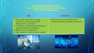  The world wide web is larger
collection of interconnected
Documents or Content.
 Facilitates communication between
people and also computers.
 Web based on Hypertext.
 Also based on client/server model
 The Internet is the collection of
interconnected computer Networks.
World Wide Web ≠ Internet Service
We must remember that both are not the same.
Web is different then Internet.
WEB INTERNET
 