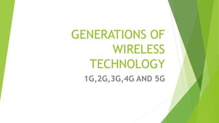1G,2G,3G,4G AND 5G
GENERATIONS OF
WIRELESS
TECHNOLOGY
 