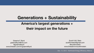 Generations + Sustainability
                  America’s largest generations +
                    their impact on the future


        Graeme F. Byrd                                Scott H.M. Stein
    graemefbyrd@me.com                           scotthmstein@gmail.com
         @graemefbyrd                                  @scotthmstein
www.linkedin.com/in/graemefbyrd                 www.linkedin/in/scotthmstein

                                       Dec. 12, 2012 - Northwest Energy Eﬃciency Alliance
 