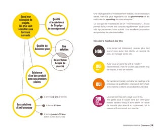 Une fois l’opération d’investissement réalisée, vos investisseurs
seront, bien sûr, plus regardants sur la gouvernance et les
méthodes de reporting de votre entreprise.
Ce suivi par les investisseurs est un « mal nécessaire » : il vous
permet de leur rendre des comptes régulièrement et de suivre
très rigoureusement votre activité. Une excellente proposition
aux périodes de crise éventuelles.
Décoder le feedback des VCs
Votre projet est intéressant, revenez plus tard
quand vous aurez des clients, un associé de
plus, un manager senior, etc.
Avez-vous un autre VC prêt à investir ?
Il est intéressé, mais ne voulant pas prendre trop
de risques, il veut se rassurer.
Est rapidement séduit, enchaîne les meetings et le
processus de qualification, propose un term sheet,
voire cherche à obtenir une exclusivité sur le deal.
Le projet est trop early stage pour le VC.
Il le garde sous le coude dans son vivier pour
investir dedans lorsqu’il aura atteint un stade
de maturité plus avancé et, notamment, fait la
preuve qu’il rencontrait son marché.
Dans leur
sélection de
projets,
les VCs sont
sensibles aux
facteurs
suivants
Qualité
et expérience
de l’équipe
de management
Existence
d’un bon produit
avec ses premiers
clients
Les solutions
d’exit strategy
à terme à 2 ans (internet)
à terme à 5 ans
à terme jusqu’à 10 ans
(selon durée des fonds)
Qualité du
business plan
Une
solution
Un véritable
besoin de
marché
OUI
OUIMAIS…
NON
OUIMAIS
PLUS TARD
GÉNÉRATION START-UP Bpifrance 9749
 