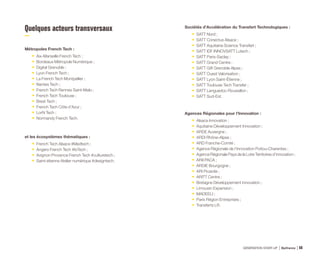 RÉGION
Enseignement supérieur,
laboratoires, pôles
Incubateurs, pépinières
et lieux dédiés aux start-up
Associations régionales
pour les start-up
Événements
régionaux
Business Angels
et fonds régionaux
GÉNÉRATION START-UP Bpifrance 135
PROVENCE-ALPES-
CÔTE D’AZUR
CANNES
NICE
GRASSE
SOPHIA-ANTIPOLIS
• ADEME
• CNRS
• CNR Santé
• Data ScienceTech Institute
• EPITECH Nice
• EURECOM
• EDHEC Business School
• INRA
• Inria Sophia Antipolis
Méditerranée
• INSERM
• Mines ParisTech Sophia
Antipolis
• Pole PASS
• SKEMA Business School
• Sophia Antipolis
• The Sustainable Design
School
• Université de Nice Sophia
Antipolis
• Accélérateur Allianz
• Accélérateur BA06
• Business Pôle Sophia
Antipolis
• CEEI Nice Côte d’Azur
• CréaCannes
• Incubateur EDHEC
• Incubateur PACA Est
• Incubateur SKEMA
• Incubateur Telecom
ParisTech
• InnovaGrasse
• ARCSIS
• Microelectronics (SAME)
• Nice Start(s) Up
• Plateforme Com4innov
• Telecom Valley
• Challenge Jeune Pousse
• Industria
• Innovative City Convention
• Les entrepreneuriales
• 2C Invest
• Méditerranée
Investissement
• Sophia Business Angels
• BA06
• FCPR Fonds Entrepreneurial
06
• Initiative Nice Côte d’Azur
LA RÉUNION
• CNAM
• École Supérieure
d’Ingénieurs Réunion
Océan Indien
• Institut de L’image
de l’Océan Indien
• IUT
• Laboratoire d’Informatique
et de Mathématique
• LE²P - Laboratoire
d’Énergétiques,
d’Électronique
et des Procédés
• PIMENT
• Supinfo Réunion
• Université de La Réunion
• ATRIUM
• Starter Plus Réunion
• Technopole de La Réunion
• ARTIC
• Webcub
• Concours de l’incubateur-
Technopole de La Réunion
• Startup Weekend
La Réunion
• OutreMer Business Angels
• Run Développement
68
 