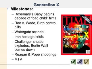 Generation X Milestones: Rosemary’s Baby begins decade of “bad child” films Roe v. Wade, Birth control pills Watergate scandal Iran hostage crisis Challenger shuttle explodes, Berlin Wall comes down  Reagan & Pope shootings MTV 