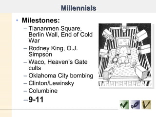 Millennials Milestones: Tiananmen Square, Berlin Wall, End of Cold War Rodney King, O.J. Simpson Waco, Heaven’s Gate cults Oklahoma City bombing Clinton/Lewinsky Columbine 9-11 