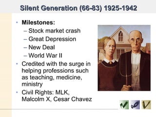 Silent Generation (66-83) 1925-1942 <ul><li>Milestones: </li></ul><ul><ul><li>Stock market crash </li></ul></ul><ul><ul><l...