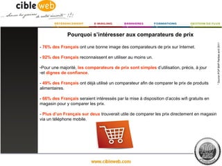 Pourquoi s’intéresser aux comparateurs de prix




                                                                                             * Source IFOP BNP Paribas avril 2011
- 76% des Français ont une bonne image des comparateurs de prix sur Internet.

- 92% des Français reconnaissent en utiliser au moins un.

-Pour une majorité, les comparateurs de prix sont simples d’utilisation, précis, à jour
-et dignes de confiance.

- 49% des Français ont déjà utilisé un comparateur afin de comparer le prix de produits
alimentaires.

- 66% des Français seraient intéressés par la mise à disposition d’accès wifi gratuits en
magasin pour y comparer les prix.

- Plus d’un Français sur deux trouverait utile de comparer les prix directement en magasin
via un téléphone mobile.
 