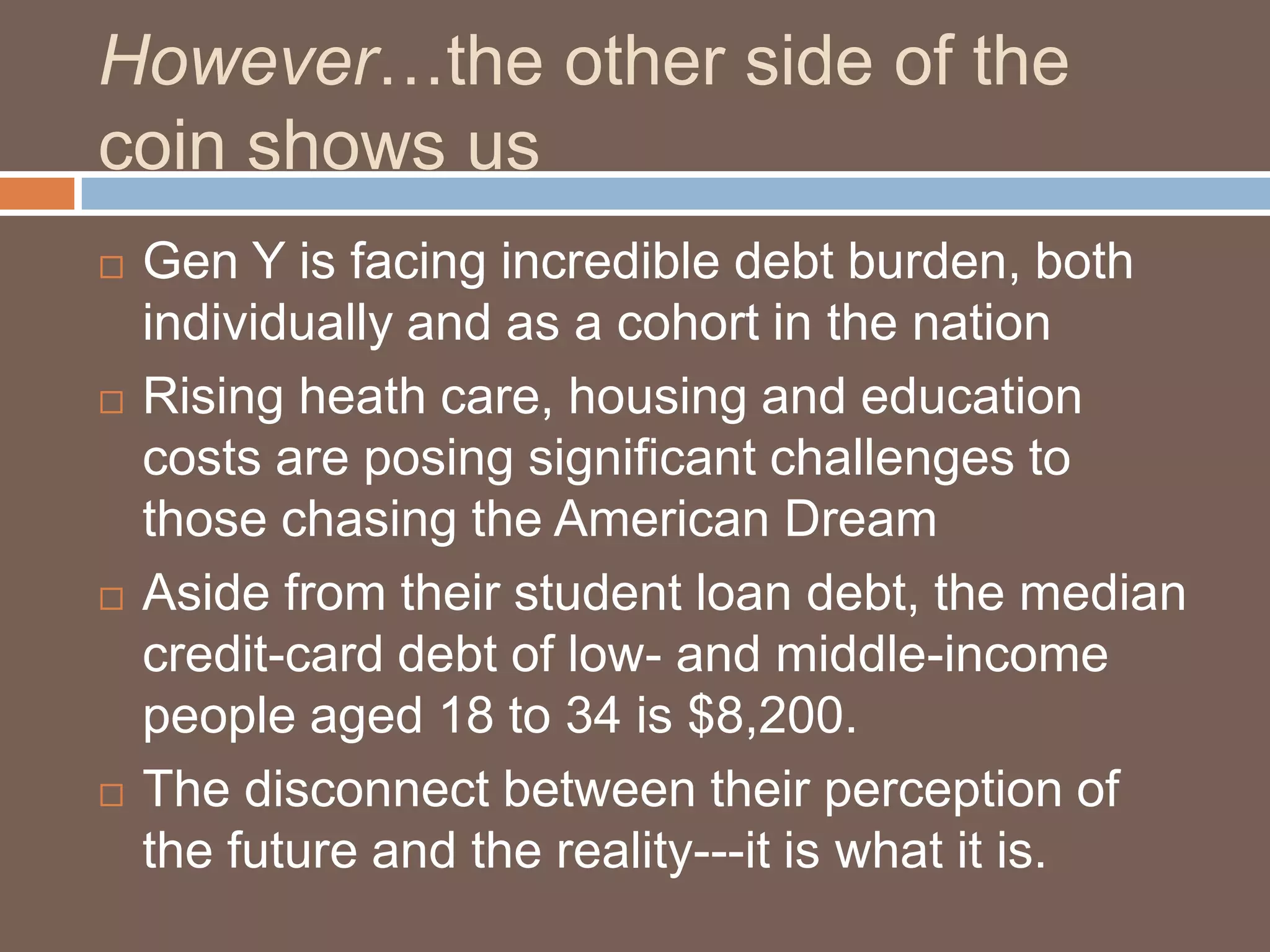 However…the other side of the coin shows usGen Y is facing incredible debt burden, both individually and as a cohort in the nationRising heath care, housing and education costs are posing significant challenges to those chasing the American DreamAside from their student loan debt, the median credit-card debt of low- and middle-income people aged 18 to 34 is $8,200.The disconnect between their perception of the future and the reality---it is what it is.