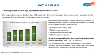 Advertising Budgets: Boomer-light, despite heavy Boomer share of spend
Not only are Boomers and Gen Xers over 50 the dominant drivers of mainstream brand business, they also represent the
sweet spot for most categories of high-value goods and service.
©2017 Boomer / neXt GENERATION X: eXiles on Main Street?
Livin’ La Vida Loca
SOURCE: Boomer / neXt from Nielsen/Boomagers and Video Advertising Bureau data
With over 80% of US household assets at their disposal, including 51%
of all mutual funds, it is hardly surprising that Americans in 50+ space
account for over half (58%) of all retail sales …
✓ 55% of consumer package goods
✓ 59% of new car expenditures
✓ 65% of home improvement sales
✓ 78% of luxury travel spending
Yet the percentage of advertising dollars specifically targeted in their
direction is shockingly small – just 5 to 10 percent.
Sure, many brands claim to reach Boomer / neXt via age-agnostic
messaging and broad-based media plans, but very few actually depict
older consumers in advertising. This does not go unnoticed …
37
 