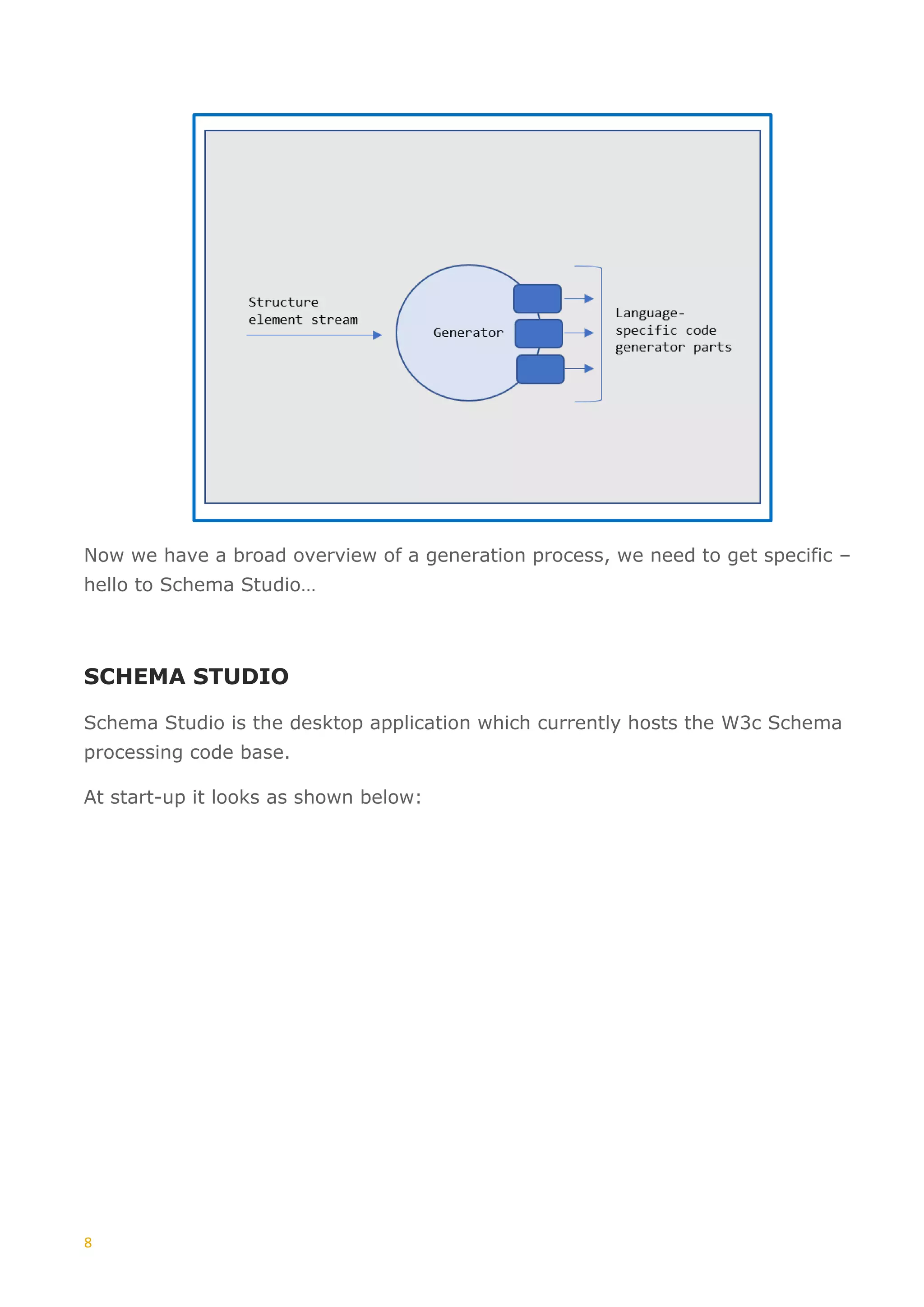 8
Now we have a broad overview of a generation process, we need to get specific –
hello to Schema Studio…
SCHEMA STUDIO
Schema Studio is the desktop application which currently hosts the W3c Schema
processing code base.
At start-up it looks as shown below:
 