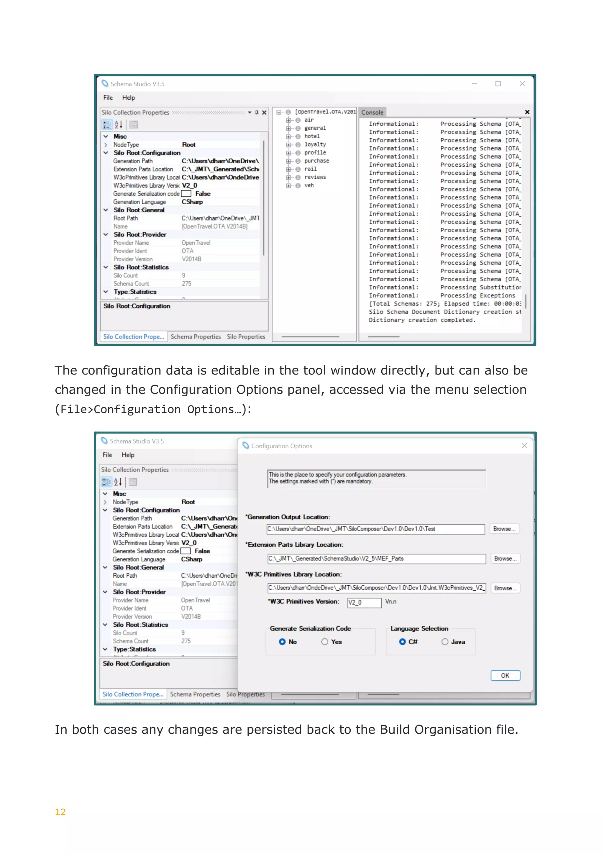 12
The configuration data is editable in the tool window directly, but can also be
changed in the Configuration Options panel, accessed via the menu selection
(File>Configuration Options…):
In both cases any changes are persisted back to the Build Organisation file.
 