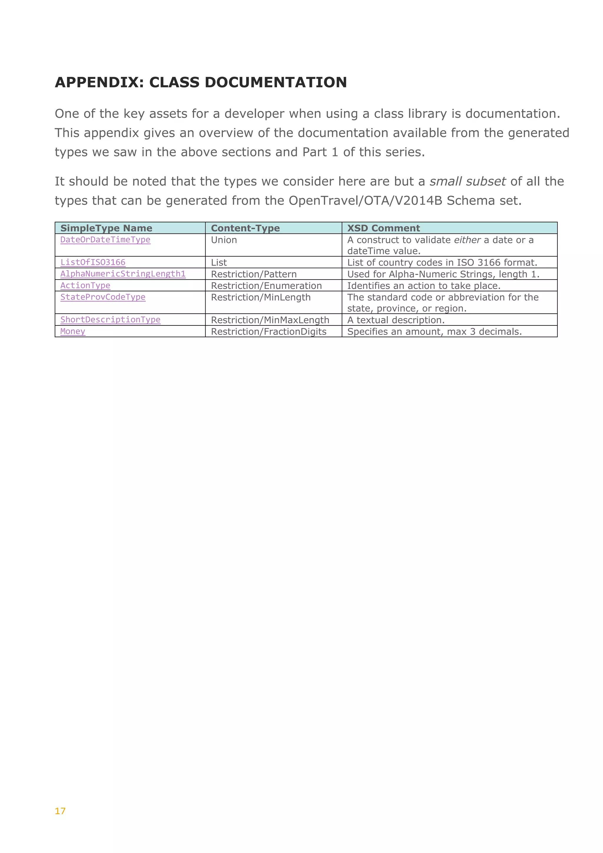 17
APPENDIX: CLASS DOCUMENTATION
One of the key assets for a developer when using a class library is documentation.
This appendix gives an overview of the documentation available from the generated
types we saw in the above sections and Part 1 of this series.
It should be noted that the types we consider here are but a small subset of all the
types that can be generated from the OpenTravel/OTA/V2014B Schema set.
SimpleType Name Content-Type XSD Comment
DateOrDateTimeType Union A construct to validate either a date or a
dateTime value.
ListOfISO3166 List List of country codes in ISO 3166 format.
AlphaNumericStringLength1 Restriction/Pattern Used for Alpha-Numeric Strings, length 1.
ActionType Restriction/Enumeration Identifies an action to take place.
StateProvCodeType Restriction/MinLength The standard code or abbreviation for the
state, province, or region.
ShortDescriptionType Restriction/MinMaxLength A textual description.
Money Restriction/FractionDigits Specifies an amount, max 3 decimals.
 