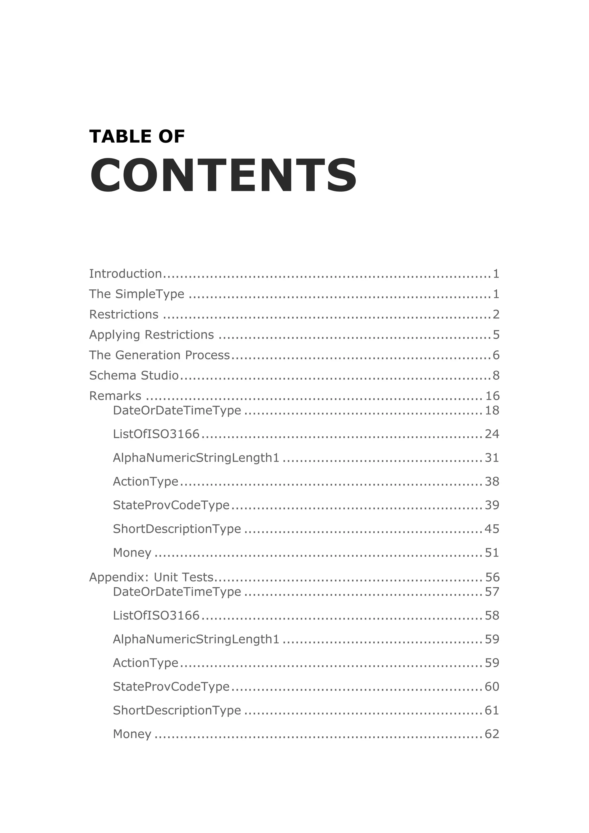 TABLE OF
CONTENTS
Introduction.............................................................................1
The SimpleType .......................................................................1
Restrictions .............................................................................2
Applying Restrictions ................................................................5
The Generation Process.............................................................6
Schema Studio.........................................................................8
Remarks ............................................................................... 16
DateOrDateTimeType ........................................................18
ListOfISO3166..................................................................24
AlphaNumericStringLength1 ...............................................31
ActionType.......................................................................38
StateProvCodeType...........................................................39
ShortDescriptionType ........................................................45
Money .............................................................................51
Appendix: Unit Tests............................................................... 56
DateOrDateTimeType ........................................................57
ListOfISO3166..................................................................58
AlphaNumericStringLength1 ...............................................59
ActionType.......................................................................59
StateProvCodeType...........................................................60
ShortDescriptionType ........................................................61
Money .............................................................................62
 