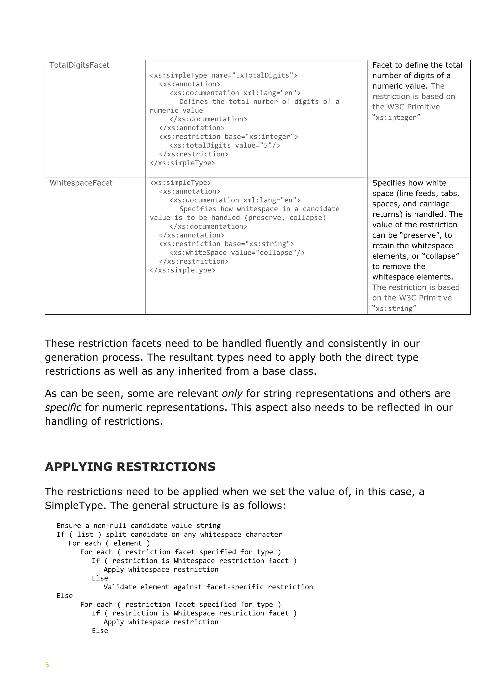 5
TotalDigitsFacet
<xs:simpleType name="ExTotalDigits">
<xs:annotation>
<xs:documentation xml:lang="en">
Defines the total number of digits of a
numeric value
</xs:documentation>
</xs:annotation>
<xs:restriction base="xs:integer">
<xs:totalDigits value="5"/>
</xs:restriction>
</xs:simpleType>
Facet to define the total
number of digits of a
numeric value. The
restriction is based on
the W3C Primitive
“xs:integer”
WhitespaceFacet <xs:simpleType>
<xs:annotation>
<xs:documentation xml:lang="en">
Specifies how whitespace in a candidate
value is to be handled (preserve, collapse)
</xs:documentation>
</xs:annotation>
<xs:restriction base="xs:string">
<xs:whiteSpace value="collapse"/>
</xs:restriction>
</xs:simpleType>
Specifies how white
space (line feeds, tabs,
spaces, and carriage
returns) is handled. The
value of the restriction
can be “preserve”, to
retain the whitespace
elements, or “collapse”
to remove the
whitespace elements.
The restriction is based
on the W3C Primitive
“xs:string”
These restriction facets need to be handled fluently and consistently in our
generation process. The resultant types need to apply both the direct type
restrictions as well as any inherited from a base class.
As can be seen, some are relevant only for string representations and others are
specific for numeric representations. This aspect also needs to be reflected in our
handling of restrictions.
APPLYING RESTRICTIONS
The restrictions need to be applied when we set the value of, in this case, a
SimpleType. The general structure is as follows:
Ensure a non-null candidate value string
If ( list ) split candidate on any whitespace character
For each ( element )
For each ( restriction facet specified for type )
If ( restriction is Whitespace restriction facet )
Apply whitespace restriction
Else
Validate element against facet-specific restriction
Else
For each ( restriction facet specified for type )
If ( restriction is Whitespace restriction facet )
Apply whitespace restriction
Else
 