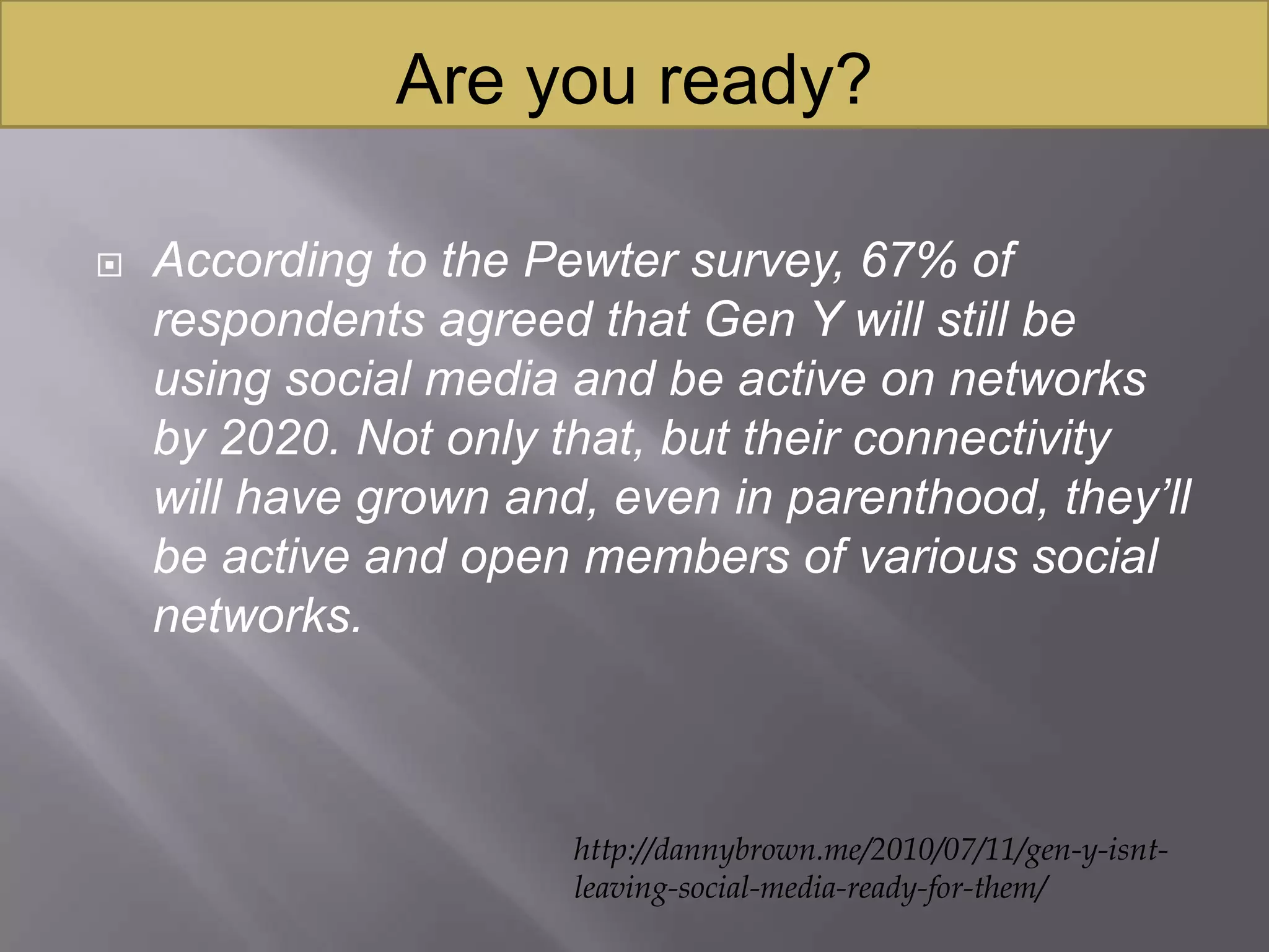 Around half of Bloggers are working on at least their second blogOne in five Bloggers report updating on a daily basis. The most common rate of updating is 2-3 times per week.GenY loves Blogging:http://philbradley.typepad.com/phil_bradleys_weblog/2010/03/great-blog-statistics.html