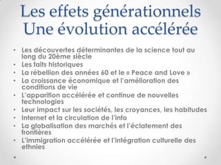 Les effets générationnels
  Une évolution accélérée
• Les découvertes déterminantes de la science tout au
  long du 20ème ...
