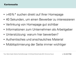 ©
● >45%* suchen direkt auf Ihrer Homepage
● 40 Sekunden, um einen Bewerber zu interessieren
● Verlinkung von Homepage gut sichtbar
● Informationen zum Unternehmen als Arbeitgeber
● Unterstützung: warum hier bewerben?
● Authentisches und anschauliches Material
● Mobiloptimierung der Seite immer wichtiger
Karriereseite
*Aus: Martin Gaedt, Mythos Fachkräftemangel, S.123 (Social Trends Studie 2012, Tomorrow Focus)
 
