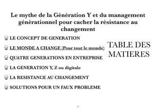 TABLE DES
MATIERES
LE CONCEPT DE GENERATION
LE MONDE A CHANGE (Pour tout le monde)
QUATRE GENERATIONS EN ENTREPRISE
LA GENERATION Y, Z ou digitale
LA RESISTANCE AU CHANGEMENT
SOLUTIONS POUR UN FAUX PROBLEME
Le mythe de la Génération Y et du management
générationnel pour cacher la résistance au
changement
11
 