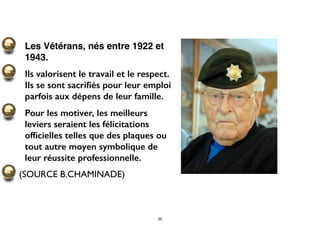 Les Vétérans, nés entre 1922 et
1943.
Ils valorisent le travail et le respect.
Ils se sont sacriﬁés pour leur emploi
parfois aux dépens de leur famille.
Pour les motiver, les meilleurs
leviers seraient les félicitations
ofﬁcielles telles que des plaques ou
tout autre moyen symbolique de
leur réussite professionnelle.
(SOURCE B.CHAMINADE)
20
 