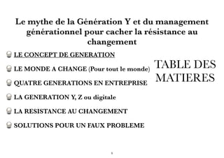 TABLE DES
MATIERES
LE CONCEPT DE GENERATION
LE MONDE A CHANGE (Pour tout le monde)
QUATRE GENERATIONS EN ENTREPRISE
LA GENERATION Y, Z ou digitale
LA RESISTANCE AU CHANGEMENT
SOLUTIONS POUR UN FAUX PROBLEME
Le mythe de la Génération Y et du management
générationnel pour cacher la résistance au
changement
5
 