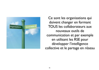 Ce sont les organisations qui
doivent changer en formant
TOUS les collaborateurs aux
nouveaux outils de
communication et par exemple
en utilisant les RSE pour
développer l’intelligence
collective et le partage en réseau
78
 