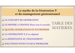 TABLE DES
MATIERES
LE CONCEPT DE GENERATION
LE MONDE A CHANGE (Pour tout le monde)
QUATRE GENERATIONS EN ENTREPRISE
LA GENERATION Y, Z ou digitale
LA RESISTANCE AU CHANGEMENT
SOLUTIONS POUR UN FAUX PROBLEME
Le mythe de la Génération Y
et du management générationnel
 