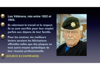 Les Vétérans, nés entre 1922 et
1943.
Ils valorisent le travail et le respect.
Ils se sont sacriﬁés pour leur emploi
parfois aux dépens de leur famille.
Pour les motiver, les meilleurs
leviers seraient les félicitations
ofﬁcielles telles que des plaques ou
tout autre moyen symbolique de
leur réussite professionnelle.
(SOURCE B.CHAMINADE)
 