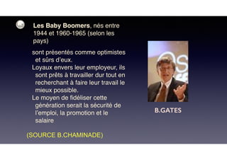 Les Baby Boomers, nés entre
1944 et 1960-1965 (selon les
pays)
sont présentés comme optimistes
et sûrs d’eux.
Loyaux envers leur employeur, ils
sont prêts à travailler dur tout en
recherchant à faire leur travail le
mieux possible.
Le moyen de ﬁdéliser cette
génération serait la sécurité de
l’emploi, la promotion et le
salaire
(SOURCE B.CHAMINADE)
B.GATES
 