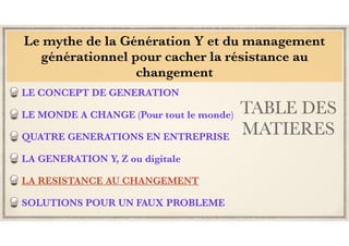 TABLE DES
MATIERES
LE CONCEPT DE GENERATION
LE MONDE A CHANGE (Pour tout le monde)
QUATRE GENERATIONS EN ENTREPRISE
LA GENERATION Y, Z ou digitale
LA RESISTANCE AU CHANGEMENT
SOLUTIONS POUR UN FAUX PROBLEME
Le mythe de la Génération Y et du management
générationnel pour cacher la résistance au
changement
 