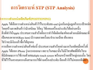 Apple ได้เลือกวางตาแหน่งสิ นค้าไว้ในระดับHi-end มุ่งเน้นกลุ่มลูกค้ากระเป๋ าหนัก
โดยสร้างภาพสิ นค้าว่ามีรสนิ ยม โก้หรู ใช้แทนเครื่ องประดับได้อย่างหนึ่ง
สิ่ งที่ทาให้Apple ประสบความสาเร็ จคือการทาให้ผลิตภัณฑ์ของตัวเองมีลกษณะที่
                                                                        ั
เป็ นของหายาก(Rare item) มีวางตลาดครั้งละจานวนน้อย ต้องจอง
      ่
ใช่วาจะมีเงินแล้วซื้ อได้ทุกคน
การเลือกวางตาแหน่งสิ นค้าเช่นนี้ ประสบความสาเร็ จอย่างมากในอดีตเมื่อครั้งที่
Apple ได้ออก iPhone รุ่ นแรกออกมา เพราะในขณะนั้นไม่มีโทรศัพท์ยห้อไหน
                                                                   ี่
ที่มีลกษณะการใช้งานด้วยMultiple touch screen พร้อมหน้าจอที่ใหญ่แบบนั้น ใคร
        ั
ที่ได้ไว้ในครอบครองจึงสามารถใช้ต่างเครื่ องประดับ ถือแล้วโก้ไม่หยอกทีเดียว
 
