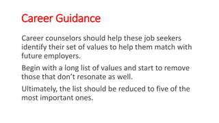 Career Guidance
Career counselors should help these job seekers
identify their set of values to help them match with
future employers.
Begin with a long list of values and start to remove
those that don’t resonate as well.
Ultimately, the list should be reduced to five of the
most important ones.
WWW.LTSEMAJ.COM 145
 
