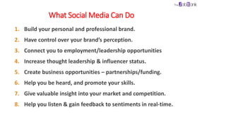 What Social Media Can Do
1. Build your personal and professional brand.
2. Have control over your brand’s perception.
3. Connect you to employment/leadership opportunities
4. Increase thought leadership & influencer status.
5. Create business opportunities – partnerships/funding.
6. Help you be heard, and promote your skills.
7. Give valuable insight into your market and competition.
8. Help you listen & gain feedback to sentiments in real-time.
 