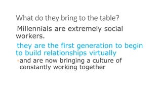 What do they bring to the table?
Millennials are extremely social
workers.
they are the first generation to begin
to build relationships virtually
◦and are now bringing a culture of
constantly working together
WWW.LTSEMAJ.COM 68
 