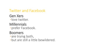 Twitter and Facebook
Gen Xers
◦love twitter.
Millennials
◦prefer Facebook.
Boomers
◦are trying both,
◦but are still a little bewildered.
WWW.LTSEMAJ.COM 80
 