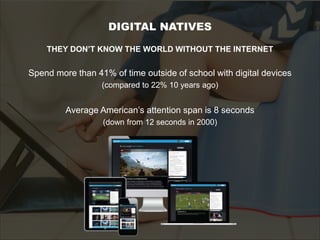 THEY DON’T KNOW THE WORLD WITHOUT THE INTERNET
Spend more than 41% of time outside of school with digital devices
(compared to 22% 10 years ago)
Average American’s attention span is 8 seconds
(down from 12 seconds in 2000)
DIGITAL NATIVES
 