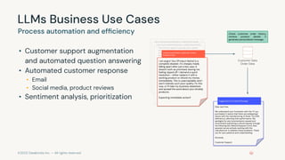©2023 Databricks Inc. — All rights reserved
LLMs Business Use Cases
• Customer support augmentation
and automated question answering
• Automated customer response
• Email
• Social media, product reviews
• Sentiment analysis, prioritization
Process automation and efﬁciency
I very much enjoyed these bars. I ordered three boxes
of them and am about halfway through the last box.
Most have been moist and soft, but a couple have
been dried out and hard (one was so tough that I
couldn't eat it). I only mention the dry ones because if
I was given one to try and it was dry, I'd never want
another one. The moist ones, however, are excellent! I
consider them to be healthy given the ingredients,
and I'll eat one or two when I want a quick meal.
Because I use them as meals and not as snacks, the
higher calorie count is a good thing in my mind.<br
/><br />They are moist and chewy (typically), sweet
(but not overly so), and ﬁlling. I highly recommend
giving them a try, especially if you can pick one up
locally (check to make sure that you can bend the
bar, which mean that it's moist).
I very much enjoyed these bars. I ordered three boxes
of them and am about halfway through the last box.
Most have been moist and soft, but a couple have
been dried out and hard (one was so tough that I
couldn't eat it). I only mention the dry ones because if
I was given one to try and it was dry, I'd never want
another one. The moist ones, however, are excellent! I
consider them to be healthy given the ingredients,
and I'll eat one or two when I want a quick meal.
Because I use them as meals and not as snacks, the
higher calorie count is a good thing in my mind.<br
/><br />They are moist and chewy (typically), sweet
(but not overly so), and ﬁlling. I highly recommend
giving them a try, especially if you can pick one up
locally (check to make sure that you can bend the
bar, which mean that it's moist).
I ﬁrst tried the regular Promax bar when I picked
one up at a Trader Joes. I needed to have
something to grab that was quick and easy during
the middle of photographing a wedding. After
liking it a lot, I did some research online and found
the low sugar variety which uses Stevia as a
natural sweetener. I had been looking for
something for my 8 year old son to use to
increase his protein intake at the suggestion of his
doctor, and have been trying to avoid corn syrup
and other chemical sweeteners. This bar has NO
artiﬁcial sweeteners, preservatives, high fructose
corn syrup, maltitol or gelatin! For about the same
calories as a candy bar (220)I'm giving him a treat
which has 14g of ﬁber and 18g of protein! And the
best part is that both my kids love these bars and
will do just about anything for them thinking I am
giving them a great treat. We are very happy with
these bars and the whole family loves them.
I am angry! Your [Product Name] is a
complete disaster. It's cheaply made,
falling apart after just a few uses. It
doesn't work as promised, leaving me
feeling ripped off. I demand a quick
resolution - either replace it with a
working product or refund my money
immediately. This is unacceptable, and I
won't tolerate such poor quality. Fix this
now, or I'll take my business elsewhere
and spread the word about your shoddy
products.
Expecting immediate action!!
Unstructured data: customer review
freeform text
Dear Jack Doe,
We understand your frustration with the TV you
purchased. It seems that there are widespread
issues with the manufacturing of these TVs (10%
deﬁciency), affecting their performance. We
apologize for any inconvenience caused and
recommend submitting a refund request through
the following link: [Refund Request Form]. Rest
assured, we are actively working with the
manufacturer to address these problems. Thank
you for your patience and understanding.
Sincerely,
Customer Support
Suggested Automated Message
Customer Data
Order Data
Check customer order history,
retrieve product details →
generate personalized message.
 