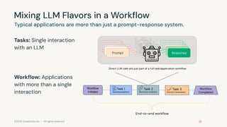 ©2023 Databricks Inc. — All rights reserved
Mixing LLM Flavors in a Workﬂow
Typical applications are more than just a prompt-response system.
Tasks: Single interaction
with an LLM
Workﬂow: Applications
with more than a single
interaction
Prompt Response
Prompt Response
Prompt Response
Prompt Response
Prompt Response
Task 3
(Content Generation)
Task 2
(Sentiment Analysis)
Task 1
(Summarization)
Workﬂow
Completed
Workflow
Initiated
Direct LLM calls are just part of a full task/application workﬂow
End-to-end workﬂow
 
