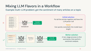 ©2023 Databricks Inc. — All rights reserved
Mixing LLM Flavors in a Workﬂow
Example multi-LLM problem: get the sentiment of many articles on a topic
Article 1: “...”
Article 2: “...”
Article 3: “...”
Article 4: “...”
Article 5: “...”
Article 6: “...”
Article 7: “...”
…
Overall
Sentiment
Overloaded LLM
Initial solution
Put all the articles together and have the
LLM parse it all
Issue
Can quickly overwhelm the model input
length
Article 1: “...”
Article 2: “...”
Article 3: “...”
…
Summary 1
+ Summary
2 + “...”
Summary LLM Sentiment LLM
Overall
Sentiment
Better solution
A two-stage process to ﬁrst
summarize, then perform
sentiment analysis.
 
