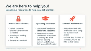 ©2023 Databricks Inc. — All rights reserved
We are here to help you!
Databricks resources to help you get started
Professional Services
● Deliver customer
speciﬁc Generative AI
use cases
● Advising on building
with LLMs
● Solution accelerators
Upskilling Your Team
● Upskill your team with
Databricks Academy
● Work with Customer
Enablement Specialists
to identify the most
relevant training
content and offerings
(Self-paced, ILT, Private)
Solution Accelerators
● Jump-start your data
and AI use cases using
our purpose-built
guides
● Go from idea to proof of
concept (PoC) in as
little as two weeks
 
