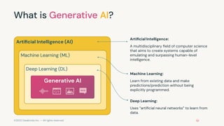 ©2023 Databricks Inc. — All rights reserved
What is Generative AI?
Artiﬁcial Intelligence:
A multidisciplinary ﬁeld of computer science
that aims to create systems capable of
emulating and surpassing human-level
intelligence.
Artiﬁcial Intelligence (AI)
Machine Learning (ML)
Deep Learning (DL)
Machine Learning:
Learn from existing data and make
predictions/prediction without being
explicitly programmed.
Generative AI
Deep Learning:
Uses “artiﬁcial neural networks” to learn from
data.
 