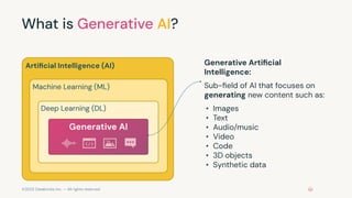©2023 Databricks Inc. — All rights reserved
What is Generative AI?
Generative Artiﬁcial
Intelligence:
Sub-ﬁeld of AI that focuses on
generating new content such as:
• Images
• Text
• Audio/music
• Video
• Code
• 3D objects
• Synthetic data
Artiﬁcial Intelligence (AI)
Machine Learning (ML)
Deep Learning (DL)
Generative AI
 
