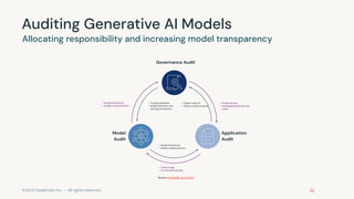 ©2023 Databricks Inc. — All rights reserved
Auditing Generative AI Models
Allocating responsibility and increasing model transparency
Source: Mokander et al 2023
Governance Audit
Application
Audit
Model
Audit
• Model access
• Intended/prohibited use
cases
• Impact reports
• Failure model analysis
• Training datasets
• Model selection and
testing procedures
• Model limitations
• Model characteristics
• Model limitations
• Model characteristics
• Output logs
• Environmental data
 