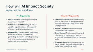 ©2023 Databricks Inc. — All rights reserved
How will AI Impact Society
• Personalization: Enables personalized
experiences in our life
• Automation and Efﬁciency: AI will be
used for repetitive tasks → Increased
efﬁciency and higher productivity
• Accessibility: GenAI making technology
more inclusive and accessible by
generating alternative formats, providing
real-time translations, and assisting
individuals with disabilities
Impact on the workforce
• Job Displacement: AI automation may
lead to job losses or displacement of
workers → economic inequalities and
unemployment
• Ethical Concerns: Entrench existing
discrimination and biases.
• Overreliance: The increased trust and
reliance on AI systems may lead to
unnoticed mistakes and loss of important
skills
• Privacy & Security: Privacy concerns,
cyber threats and malicious attacks, AI
being used for political goals
Pro Arguments Counter Arguments
 