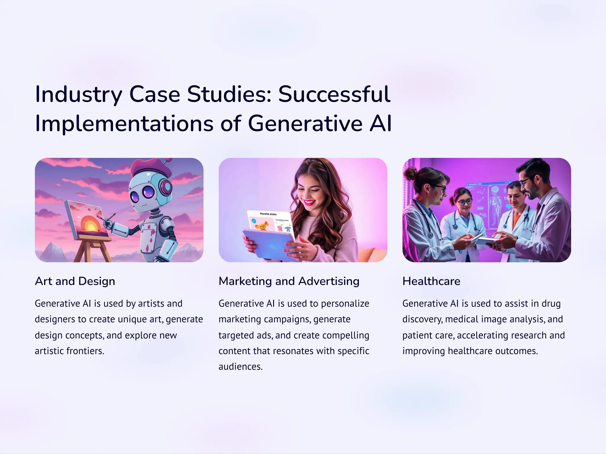 Industry Case Studies: Successful
Implementations of Generative AI
Art and Design
Generative AI is used by artists and
designers to create unique art, generate
design concepts, and explore new
artistic frontiers.
Marketing and Advertising
Generative AI is used to personalize
marketing campaigns, generate
targeted ads, and create compelling
content that resonates with specific
audiences.
Healthcare
Generative AI is used to assist in drug
discovery, medical image analysis, and
patient care, accelerating research and
improving healthcare outcomes.
 